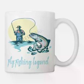 Fly Fishing Legend 11oz Ceramic Coffee Mug - White with Blue & Green Design, Perfect for Outdoor Enthusiasts,